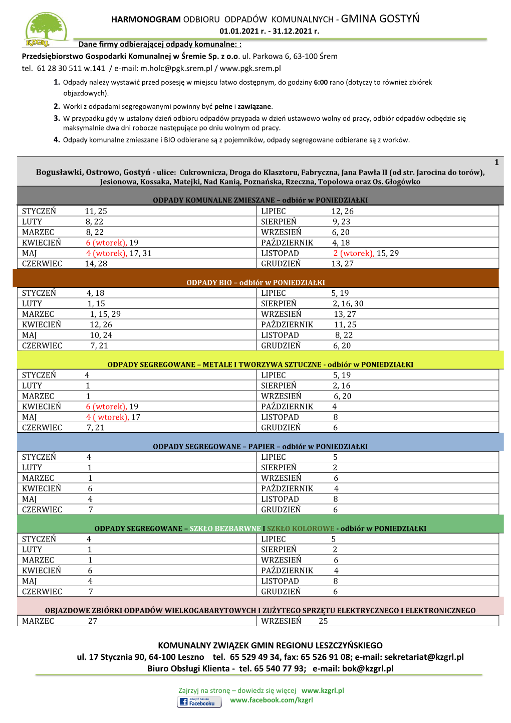 HARMONOGRAM ODBIORU ODPADÓW KOMUNALNYCH - GMINA GOSTYŃ 01.01.2021 R