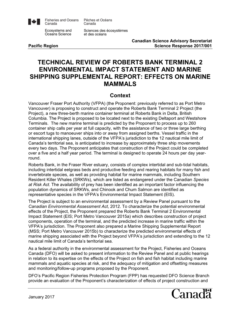 Technical Review of Roberts Bank Terminal 2 Environmental Impact Statement and Marine Shipping Supplemental Report