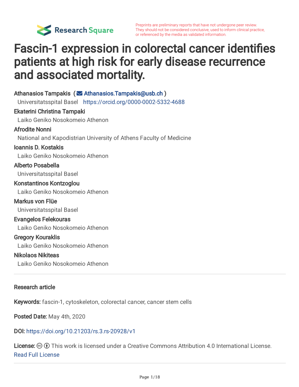 Fascin-1 Expression in Colorectal Cancer Identifies Patients at High