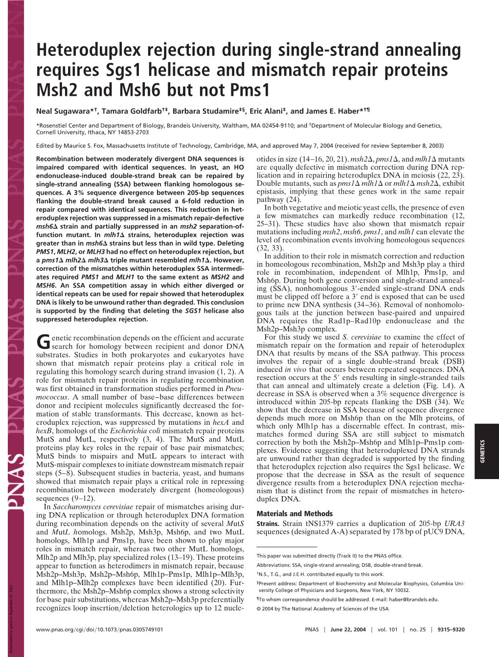 Heteroduplex Rejection During Single-Strand Annealing Requires Sgs1 Helicase and Mismatch Repair Proteins Msh2 and Msh6 but Not Pms1