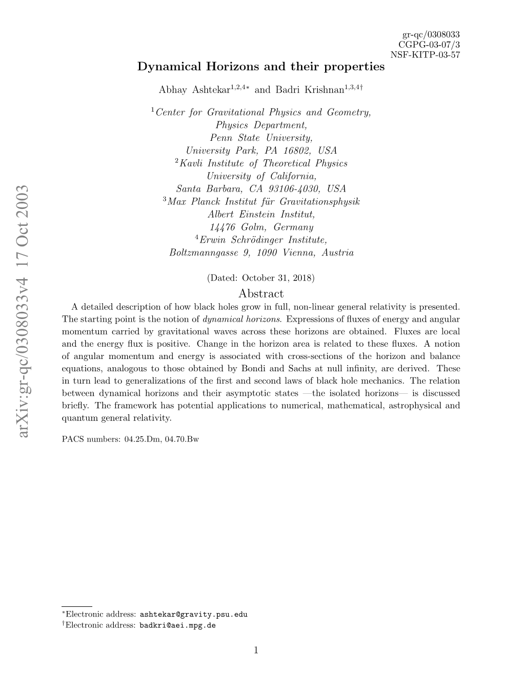 Arxiv:Gr-Qc/0308033V4 17 Oct 2003 † ∗ Asnmes 42.M 04.70.Bw 04.25.Dm, Numbers: PACS Numeri to Applications Relativity