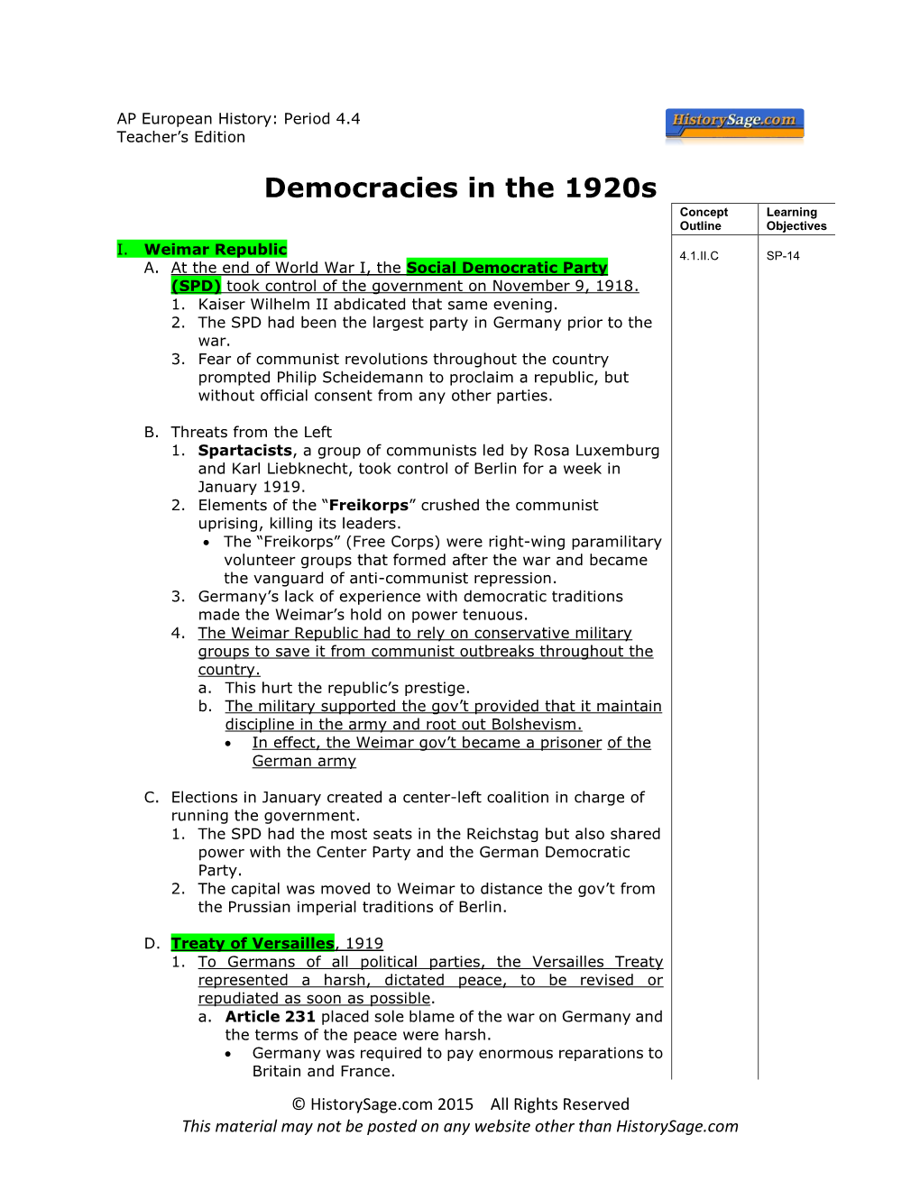 Democracies in the 1920S Concept Learning Outline Objectives