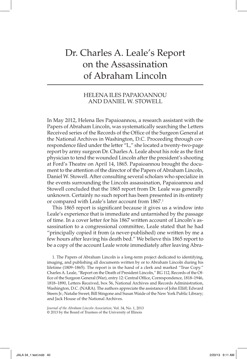 Dr. Charles A. Leale's Report on the Assassination
