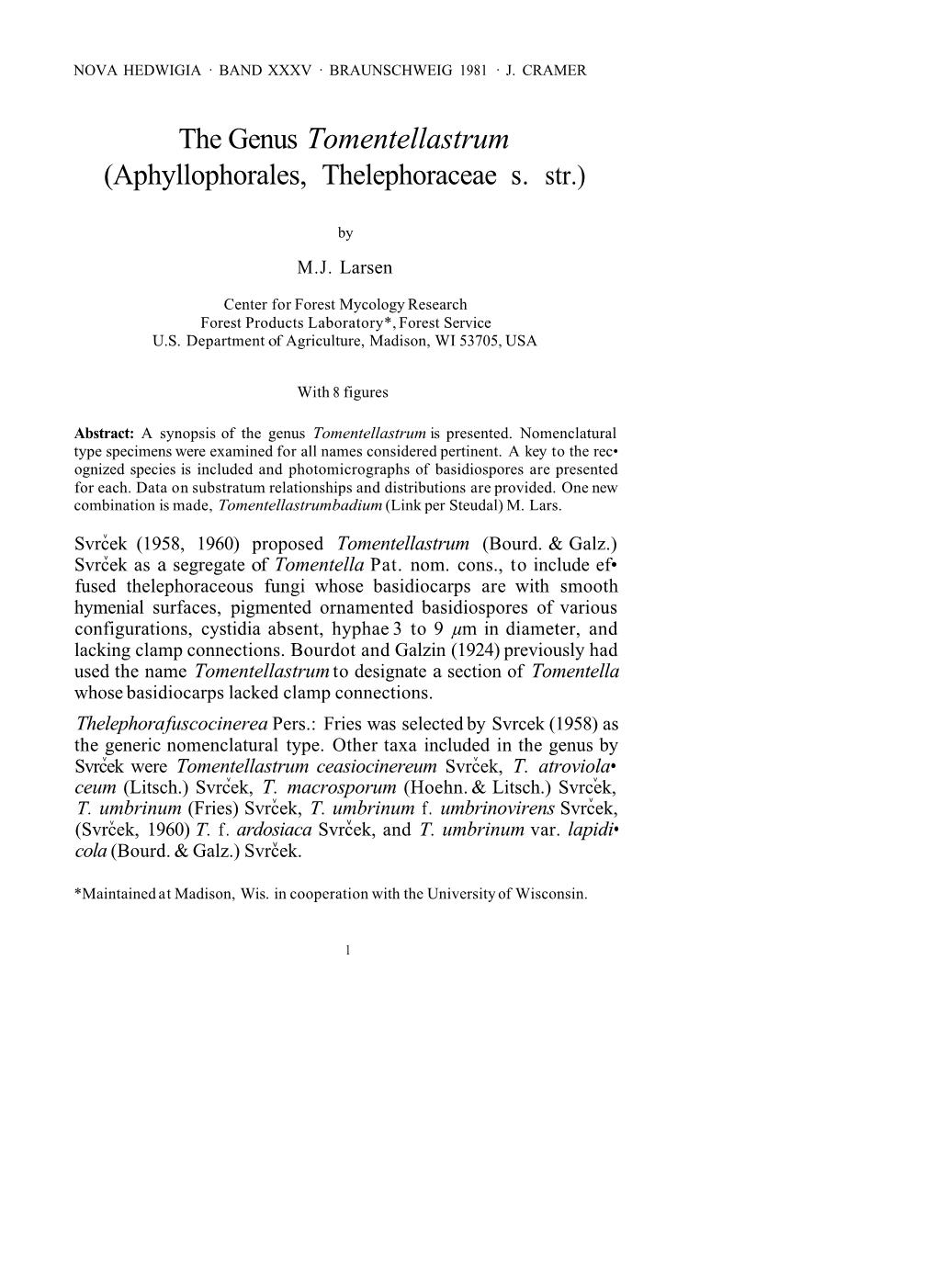 The Genus Tomentellastrum (Aphyllophorales, Thelephoraceae S. Str.)