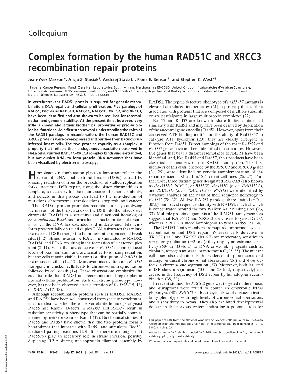 Complex Formation by the Human RAD51C and XRCC3 Recombination Repair Proteins