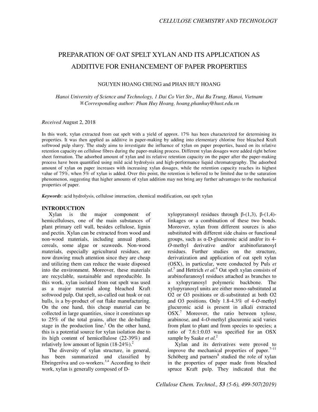 Preparation of Oat Spelt Xylan and Its Application As Additive for Enhancement of Paper Properties