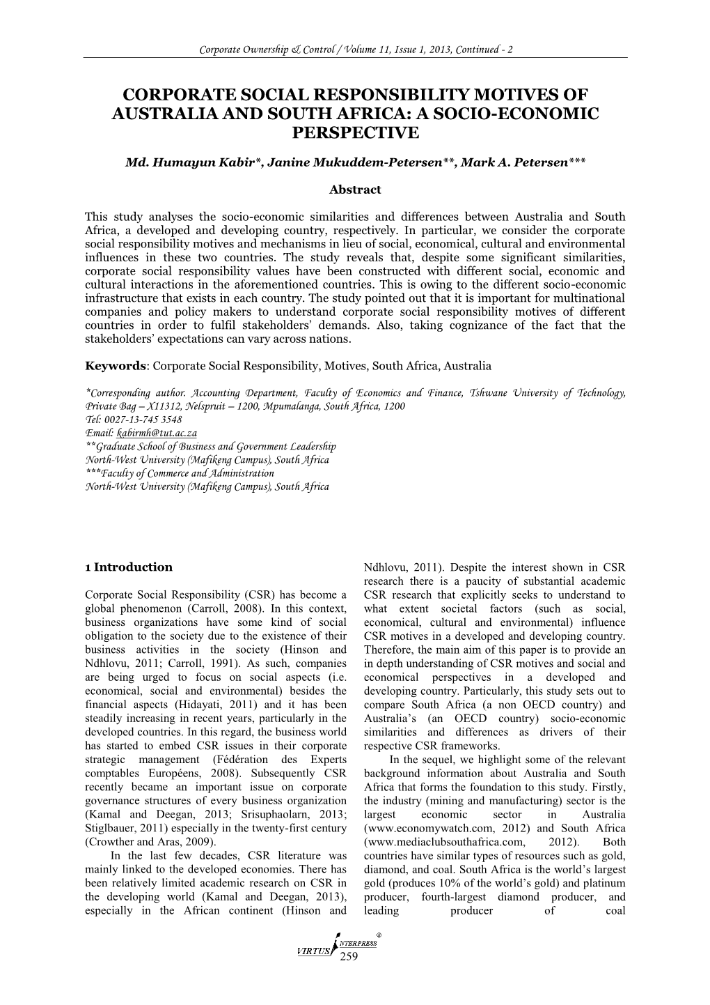 Corporate Social Responsibility Motives of Australia and South Africa: a Socio-Economic Perspective