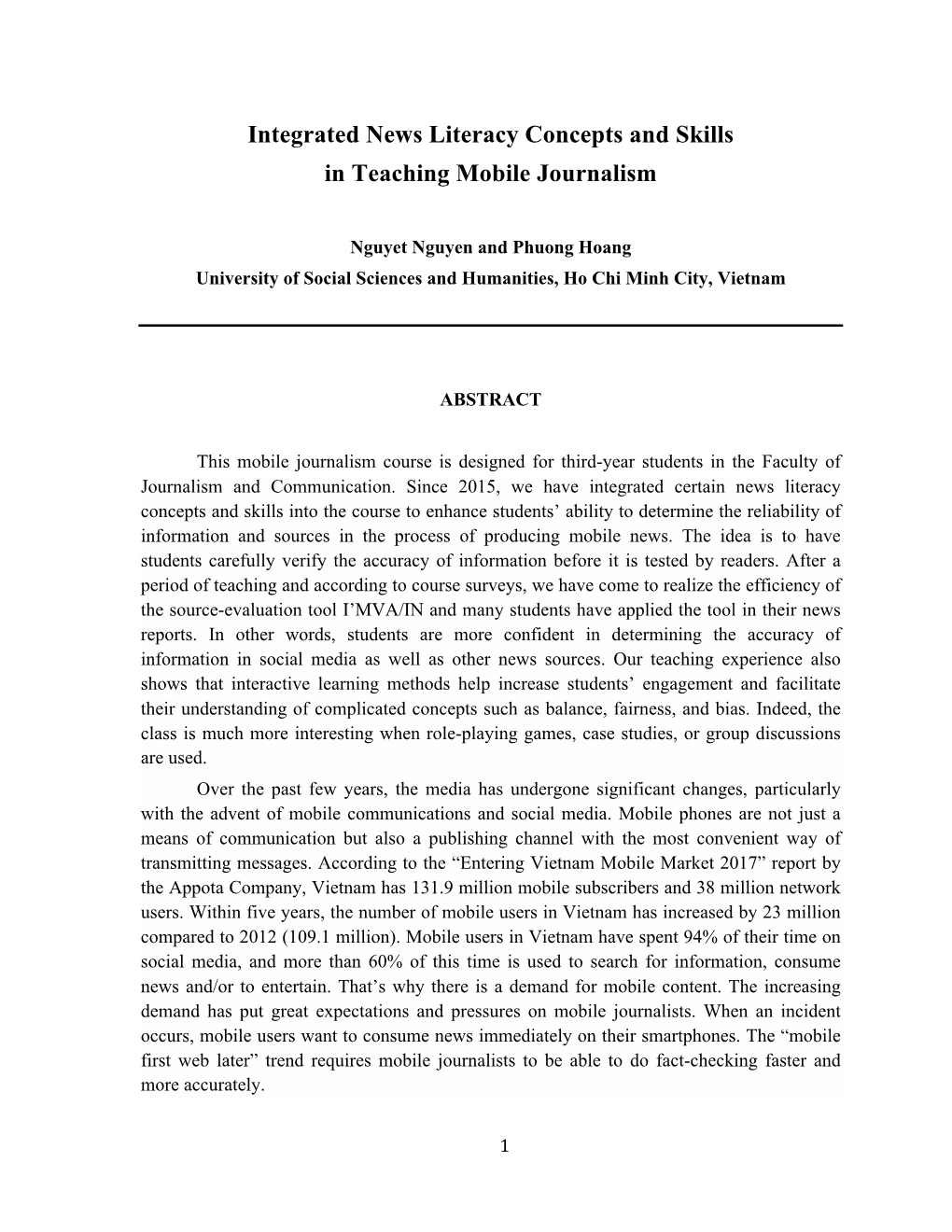Integrated News Literacy Concepts and Skills in Teaching Mobile Journalism