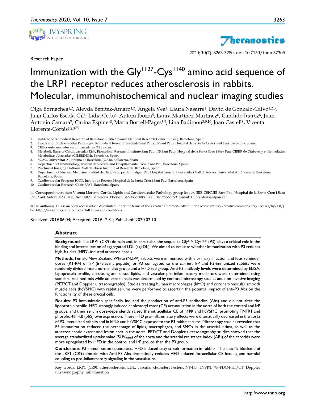 Immunization with the Gly1127-Cys1140 Amino Acid Sequence of the LRP1 Receptor Reduces Atherosclerosis in Rabbits