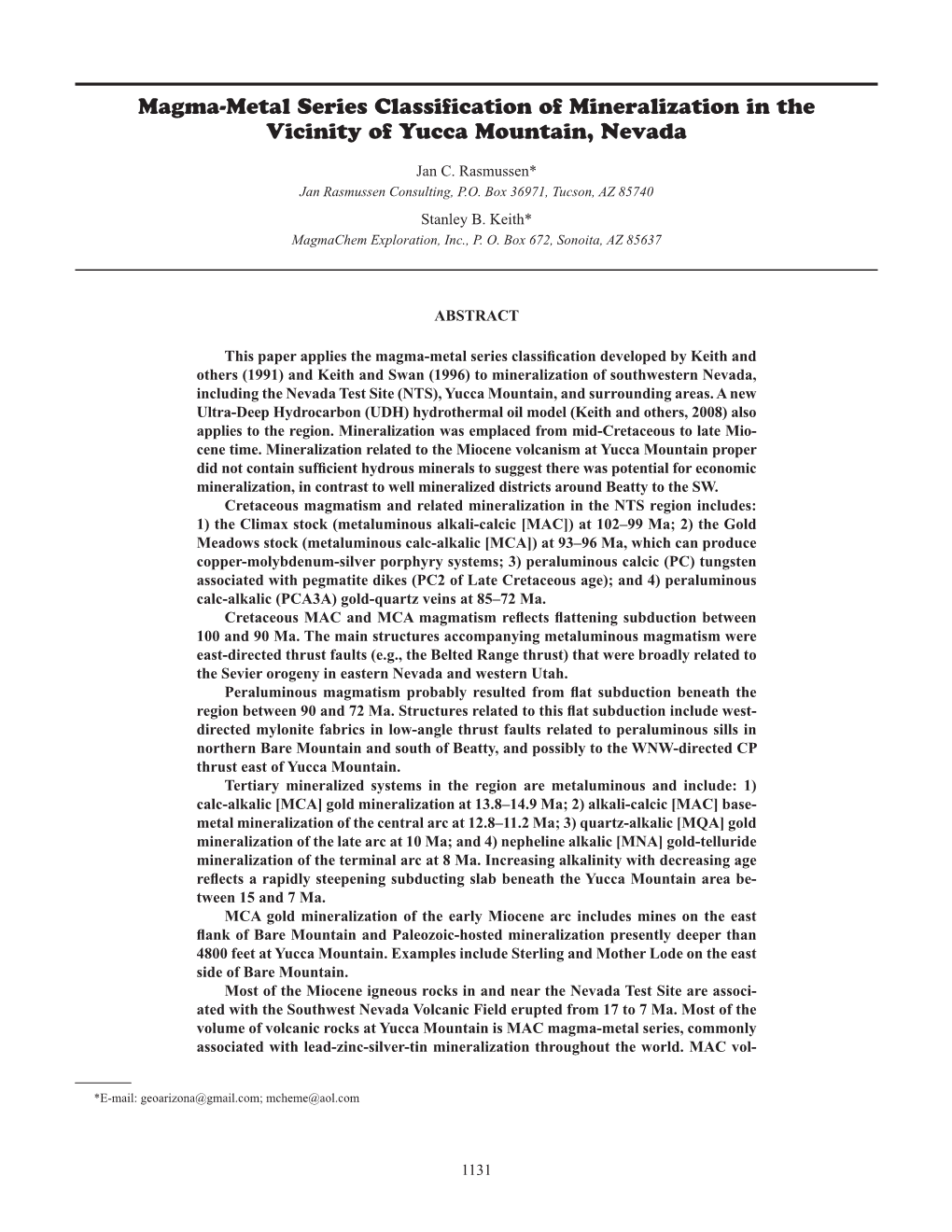 Magma-Metal Series Classification of Mineralization in the Vicinity of Yucca Mountain, Nevada