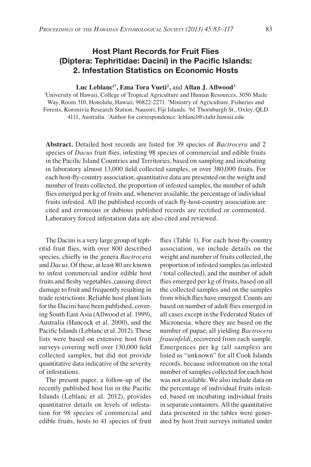 Host Plant Records for Fruit Flies (Diptera: Tephritidae: Dacini) in the Pacific Islands: 2