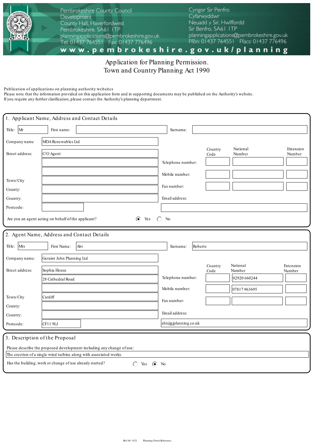 Application for Planning Permission. Town and Country Planning Act 1990