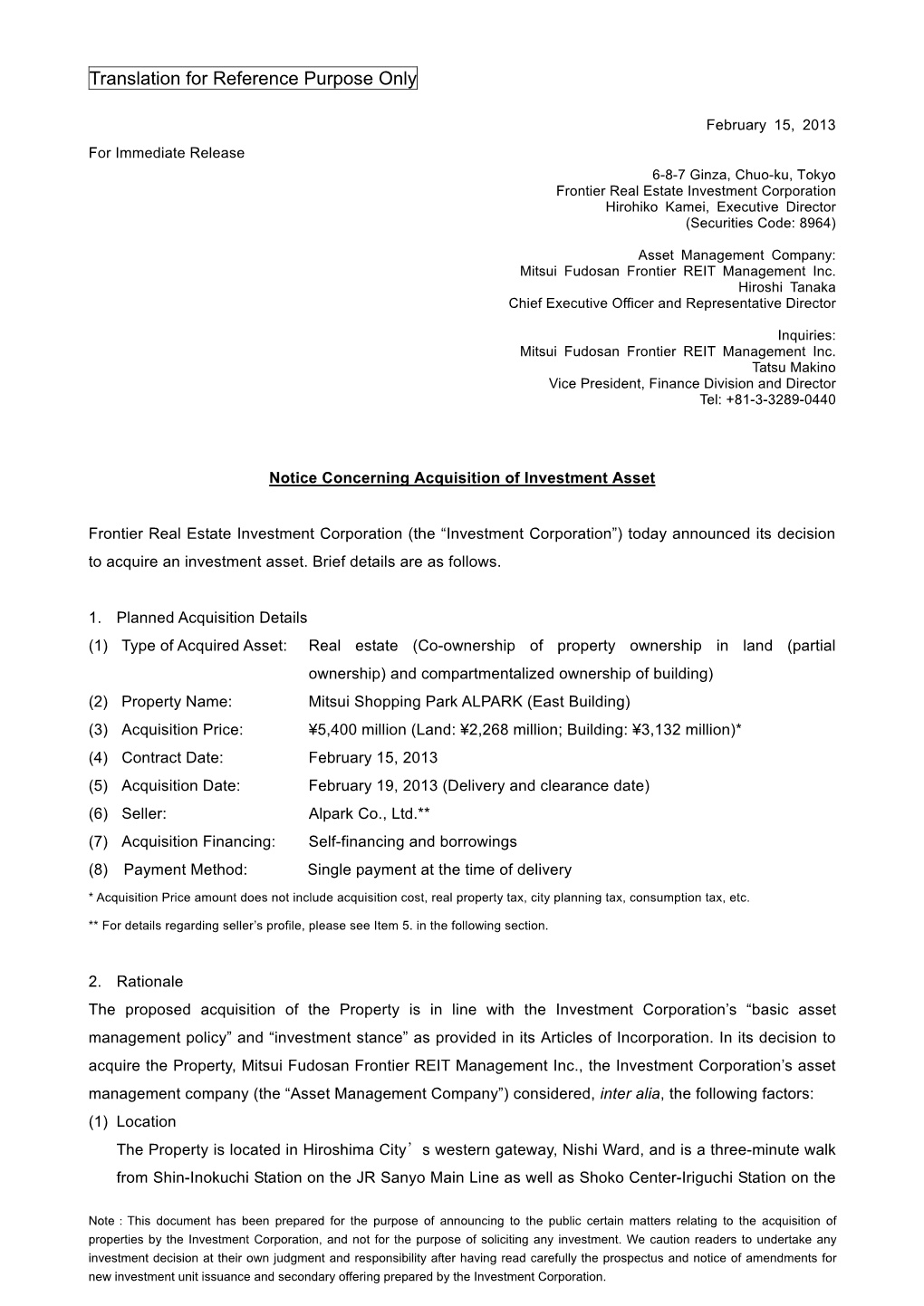 Notice Concerning Acquisition of Investment Asset(Mitsui Shopping