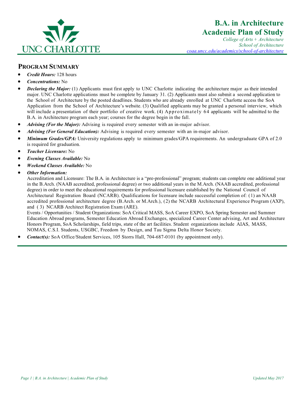 B.A. in Architecture Academic Plan of Study College of Arts + Architecture School of Architecture Coaa.Uncc.Edu/Academics/School-Of-Architecture