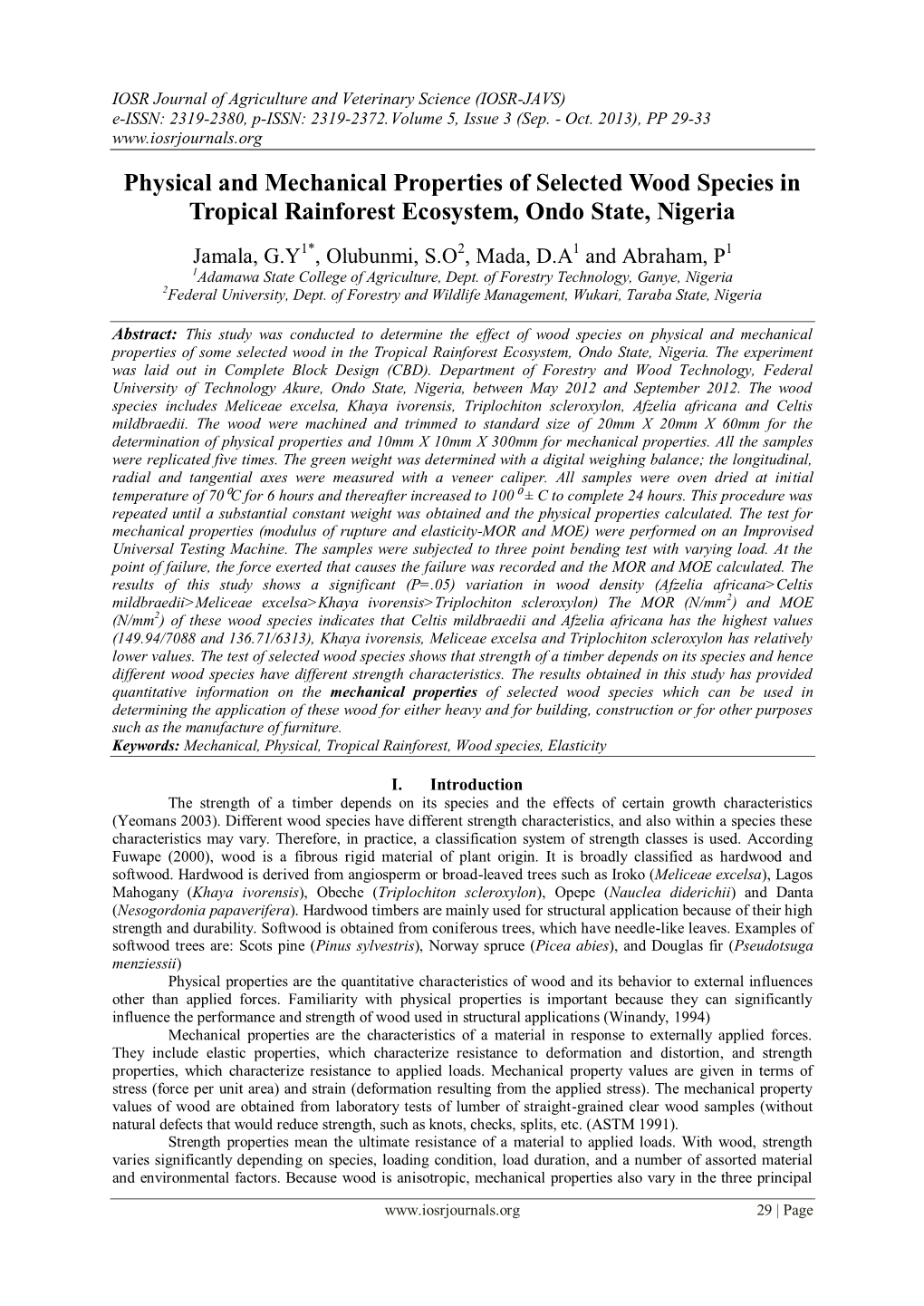 Physical and Mechanical Properties of Selected Wood Species in Tropical Rainforest Ecosystem, Ondo State, Nigeria