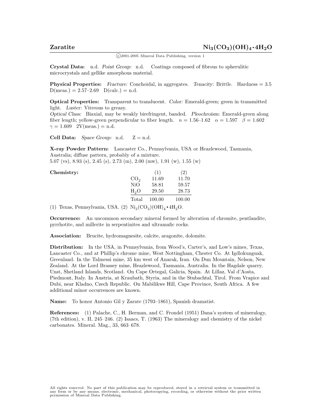 Zaratite Ni3(CO3)(OH)4 • 4H2O C 2001-2005 Mineral Data Publishing, Version 1