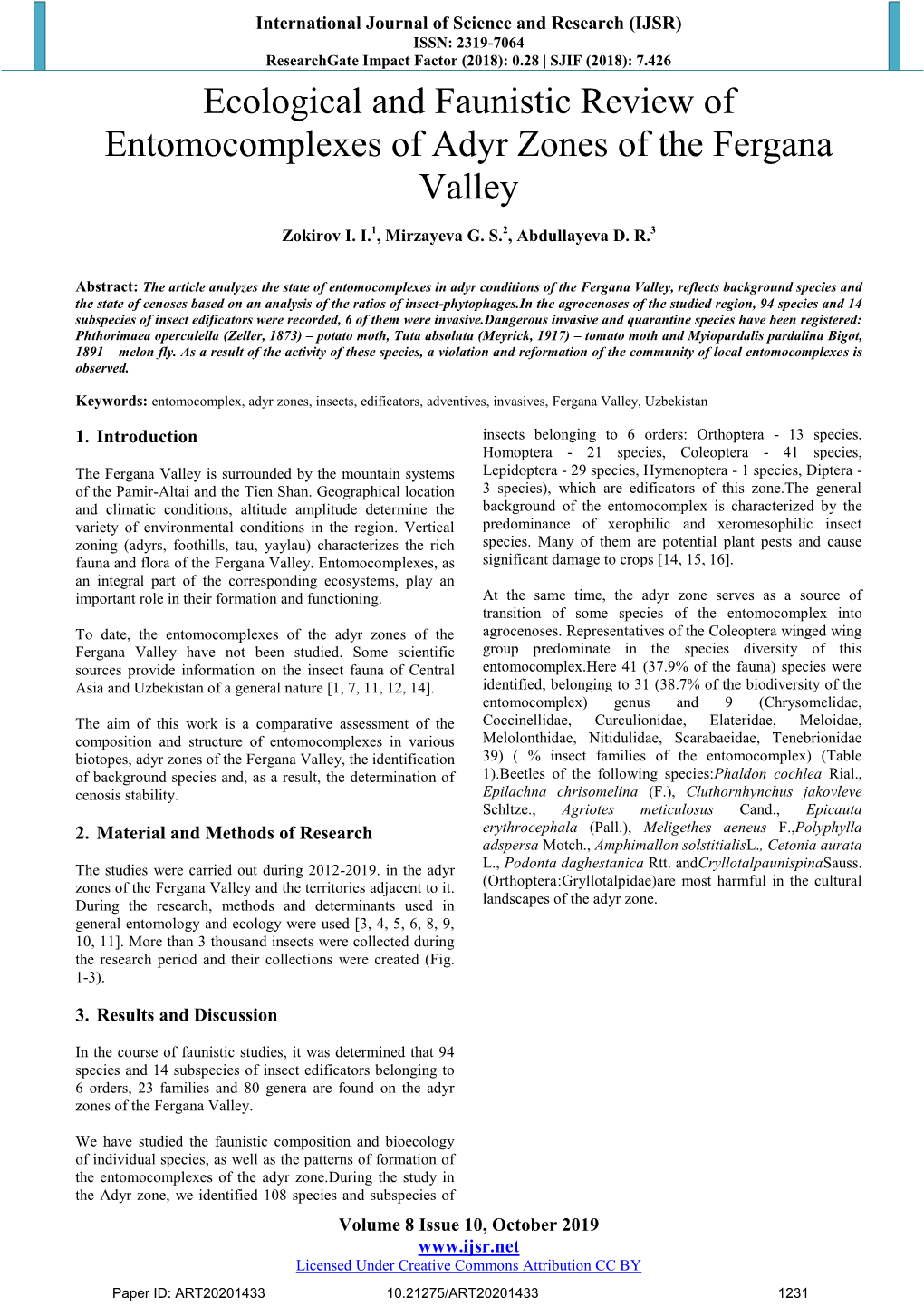 Ecological and Faunistic Review of Entomocomplexes of Adyr Zones of the Fergana Valley