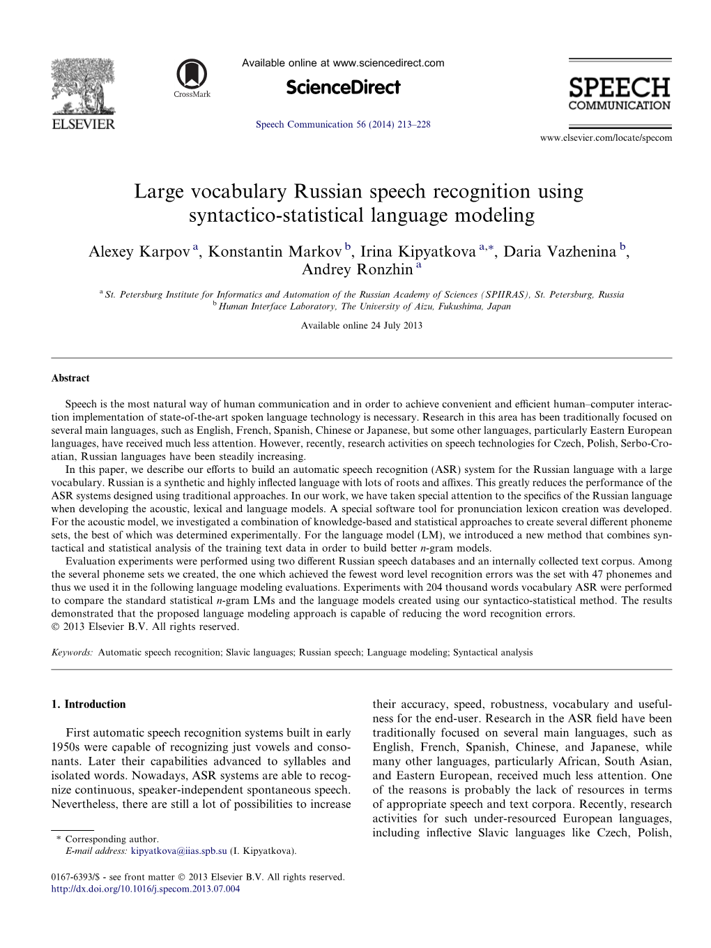 Large Vocabulary Russian Speech Recognition Using Syntactico-Statistical Language Modeling