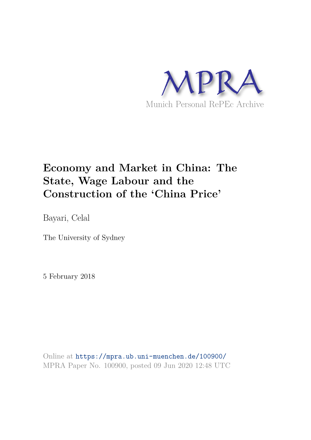 The State, Wage Labour and the Construction of the 'China Price'