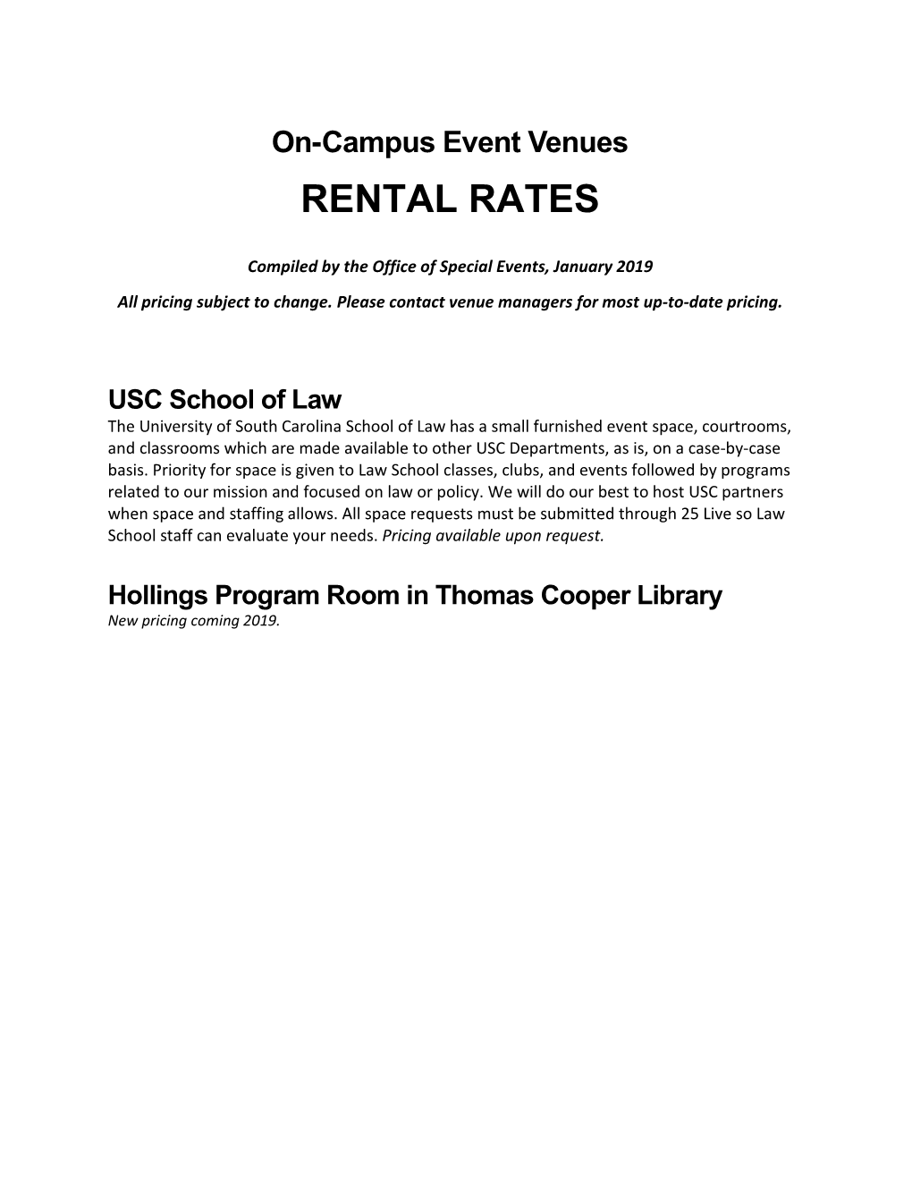 On-Campus Event Venues RENTAL RATES