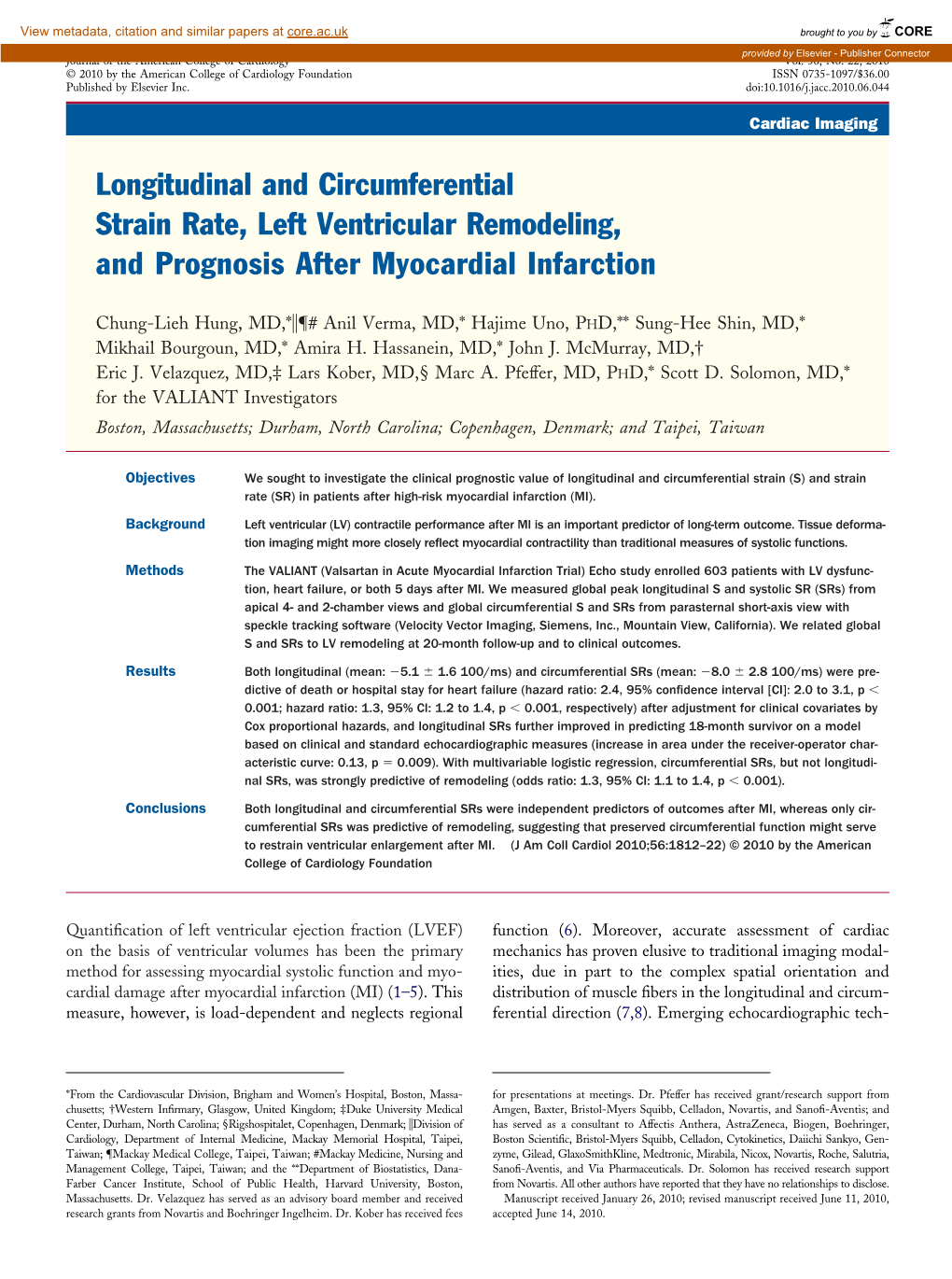 Longitudinal and Circumferential Strain Rate, Left Ventricular Remodeling, and Prognosis After Myocardial Infarction