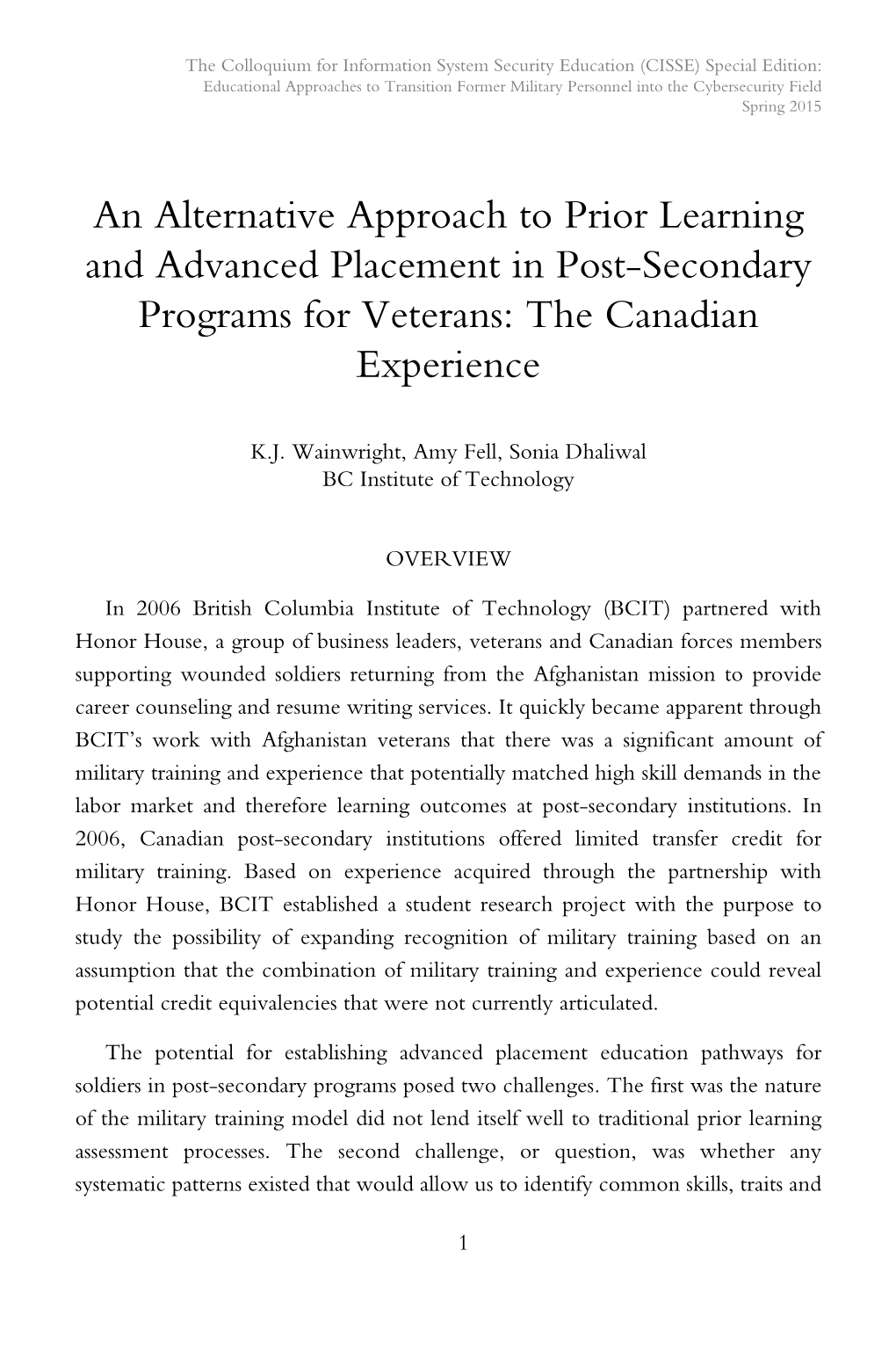 An Alternative Approach to Prior Learning and Advanced Placement in Post-Secondary Programs for Veterans: the Canadian Experience