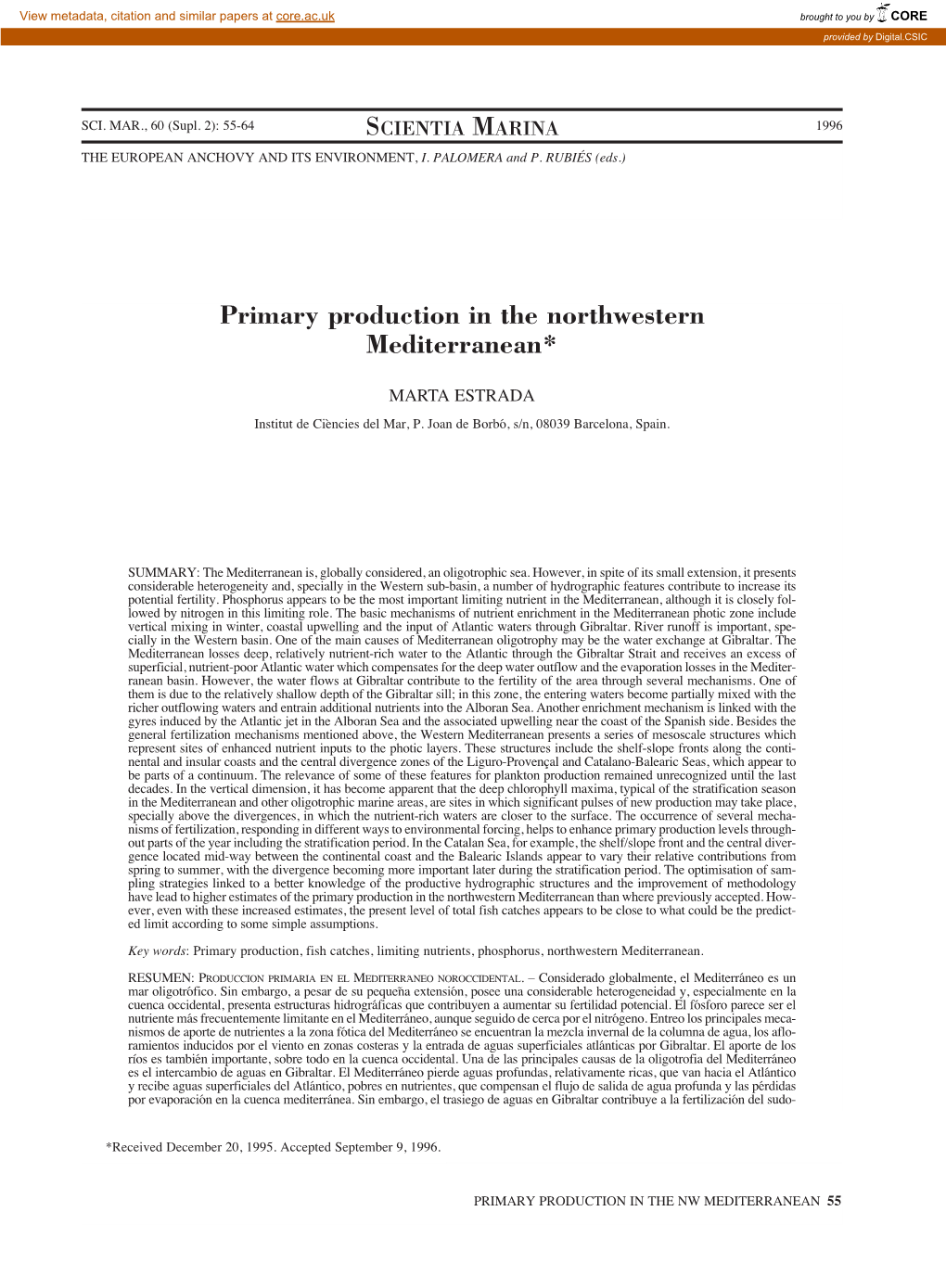 Primary Production in the Northwestern Mediterranean*