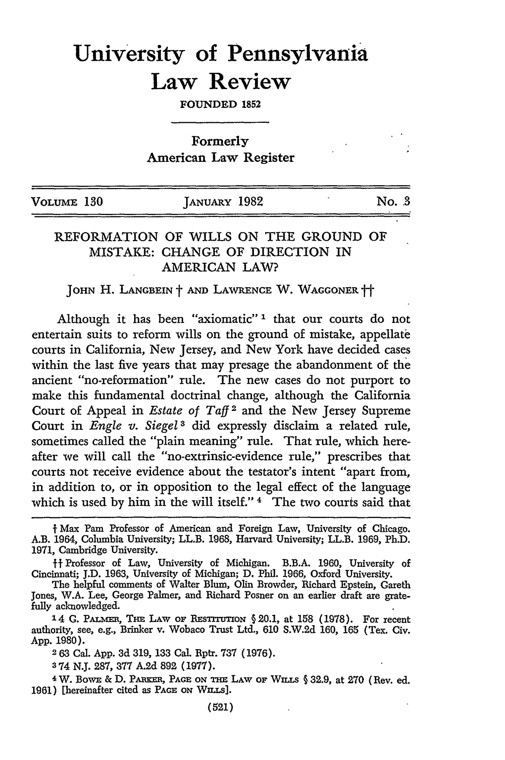 Reformation of Wills on the Ground of Mistake: Change of Direction in American Law?