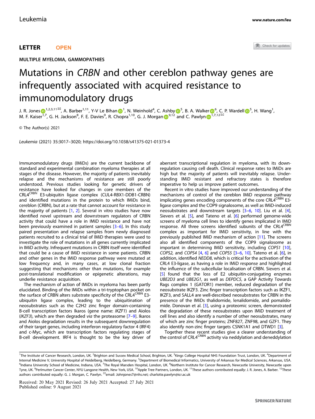 Mutations in CRBN and Other Cereblon Pathway Genes Are Infrequently Associated with Acquired Resistance to Immunomodulatory Drugs