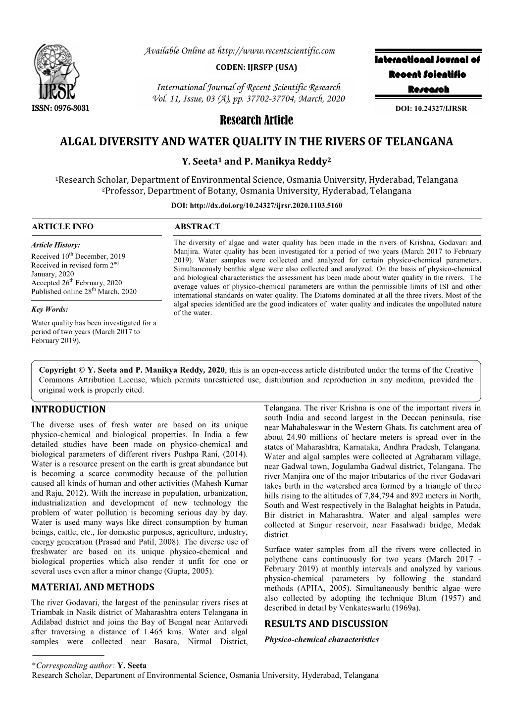 Research Article ALGAL DIVERSITY and WATER QUALITY in THE