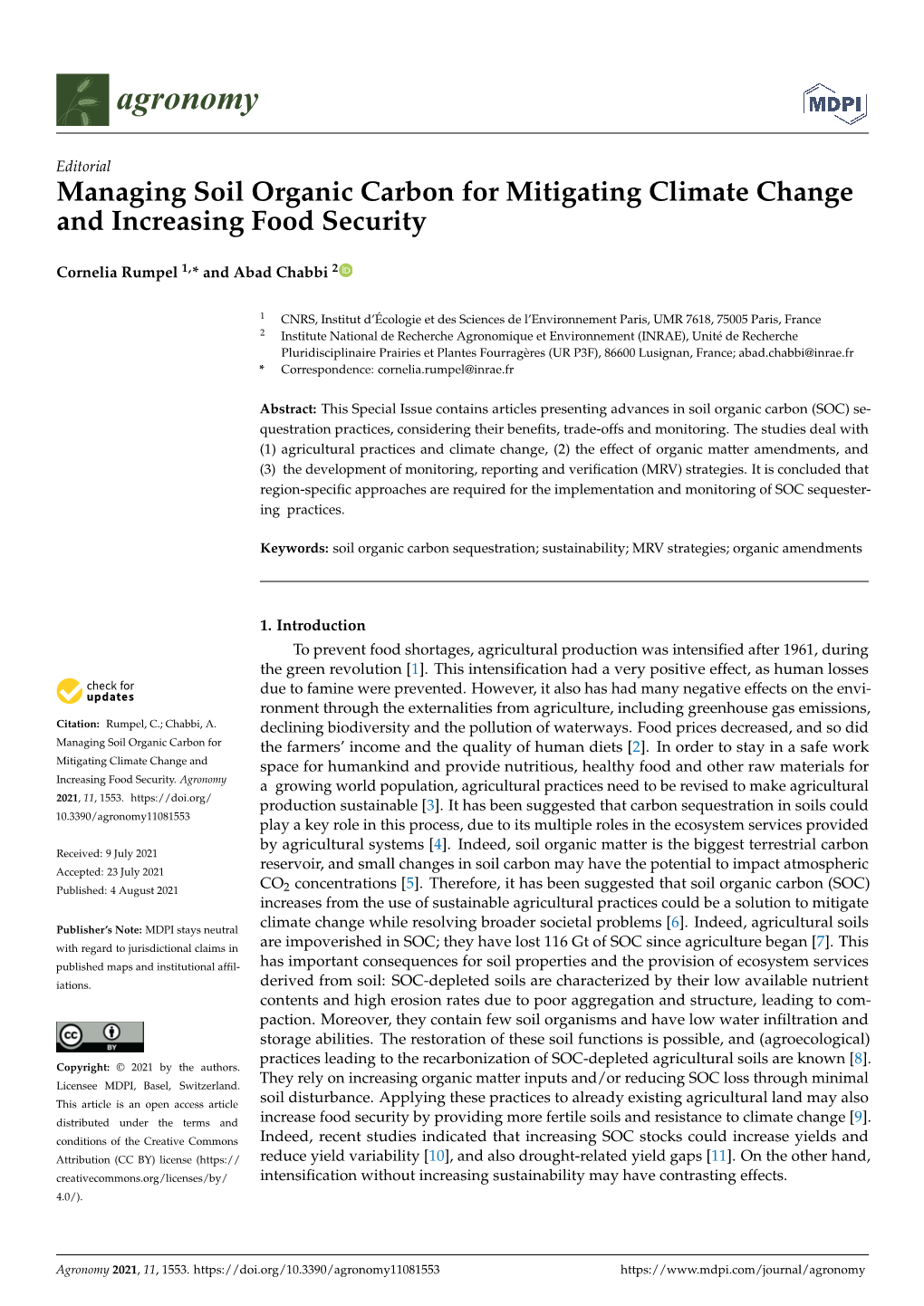 Managing Soil Organic Carbon for Mitigating Climate Change and Increasing Food Security