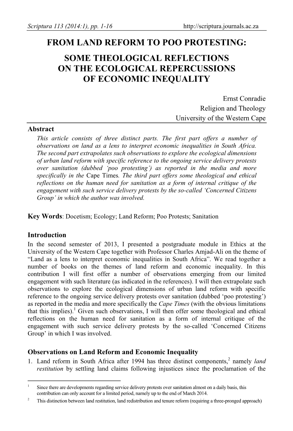 From Land Reform to Poo Protesting: Some Theological Reflections on the Ecological Repercussions of Economic Inequality