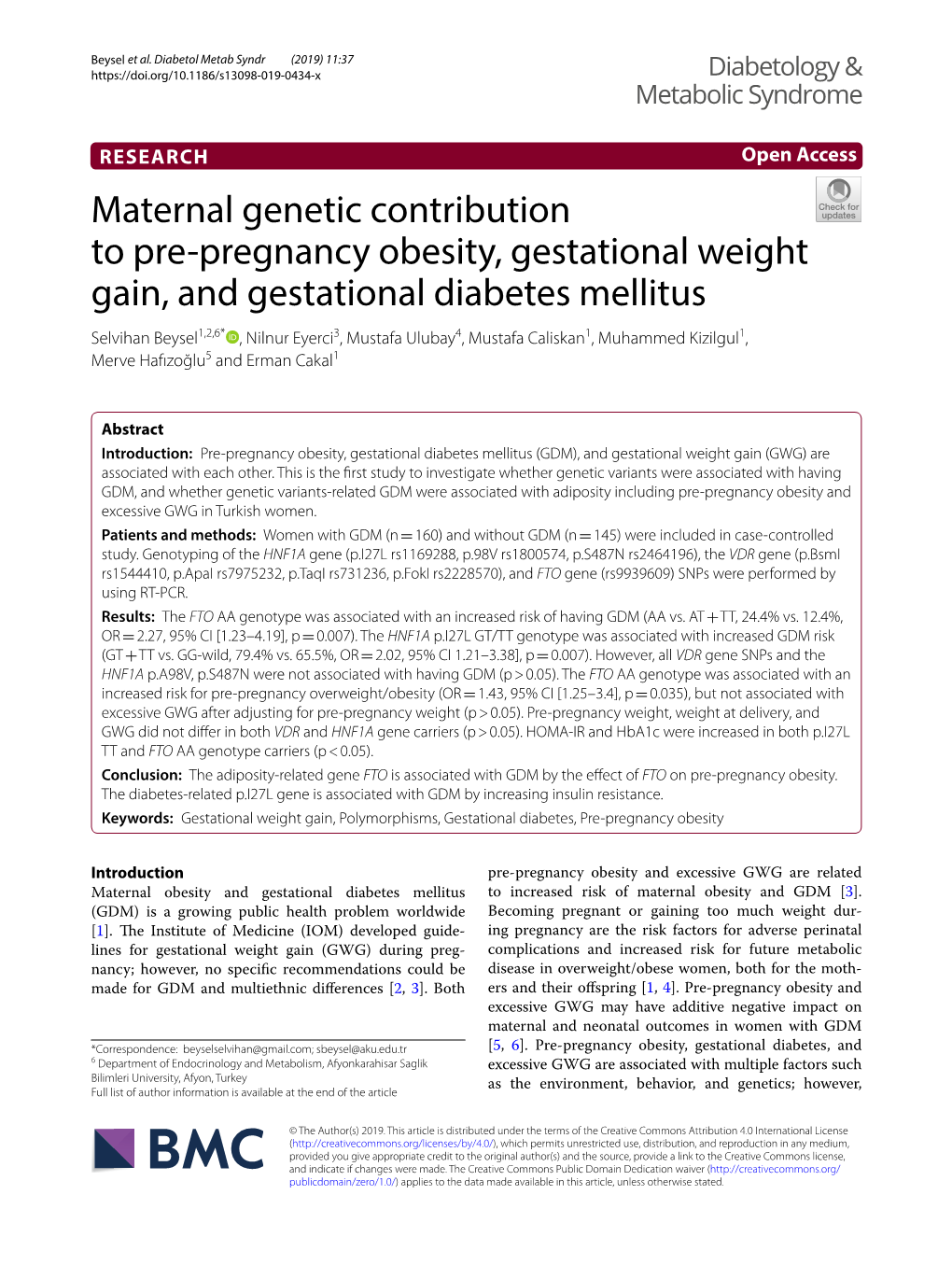 Maternal Genetic Contribution to Pre-Pregnancy Obesity, Gestational