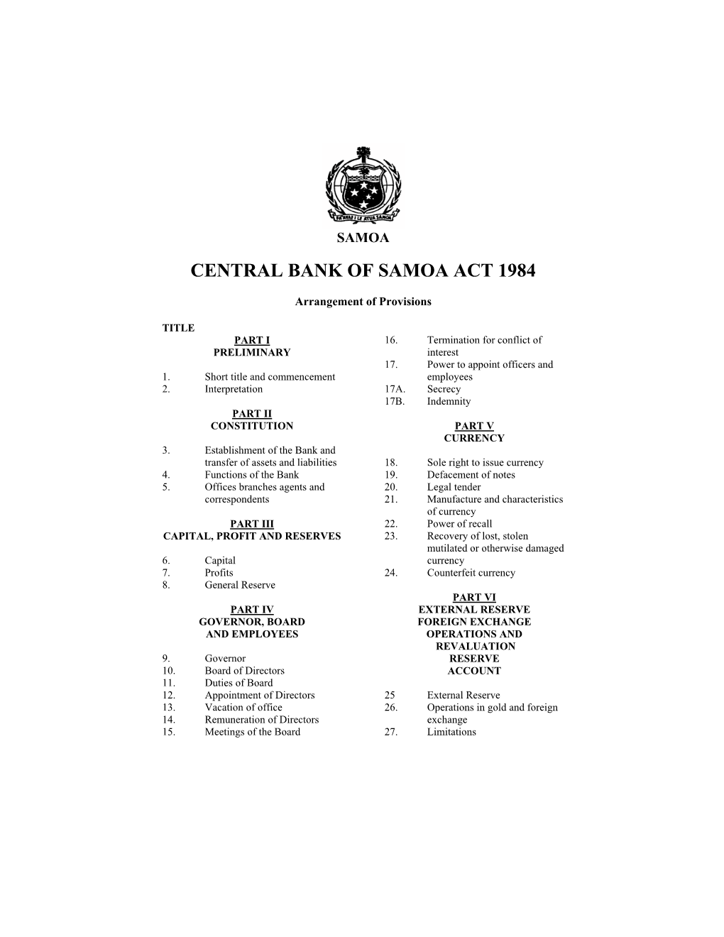 Central Bank of Samoa Act 1984