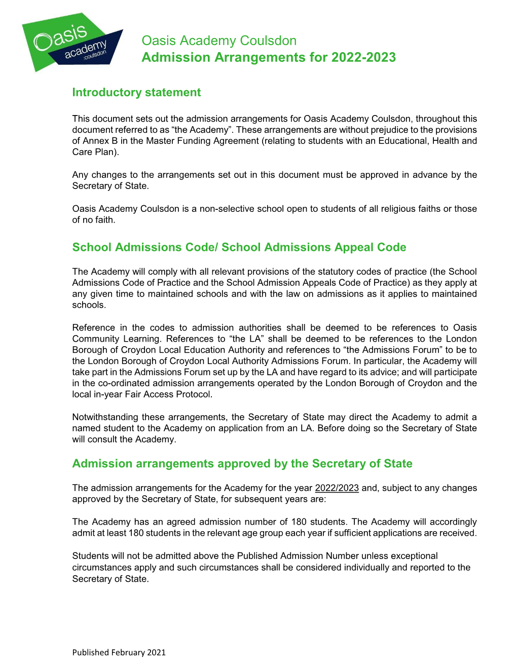 Oasis Academy Coulsdon – Admissions Policy