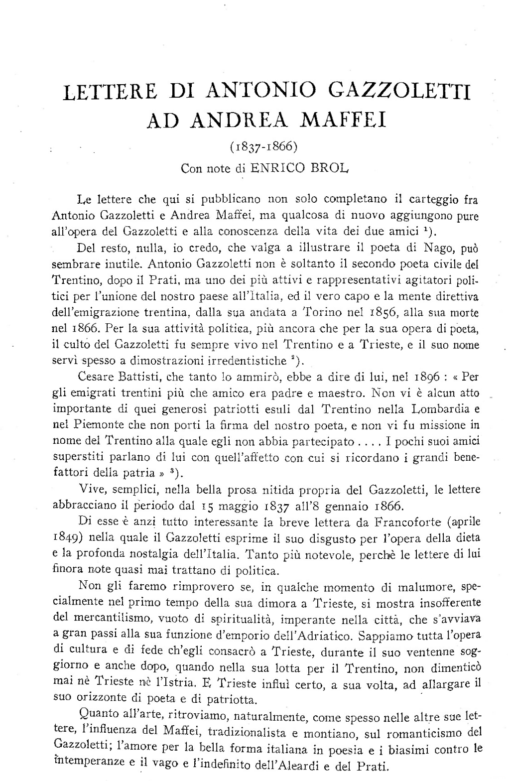 LETTERE DI ANTONIO GAZZOLETTI AD ANDREA MAFFEI (1837-1866) Con Note Di ENRICO BROL