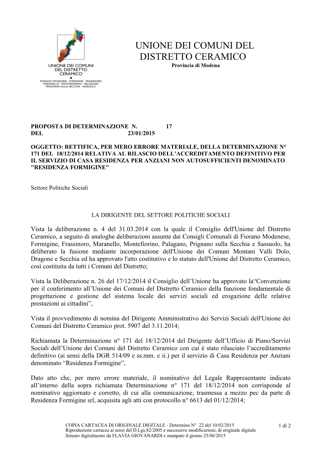 UNIONE DEI COMUNI DEL DISTRETTO CERAMICO Provincia Di Modena