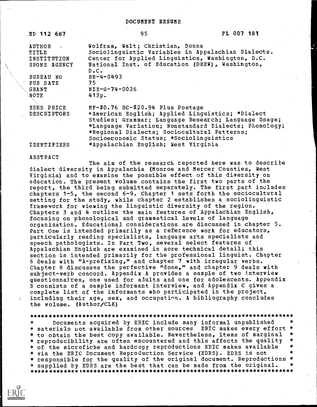 DOCUMENT RESUME FL 007 181 AUTHOR Wolfram, Walt; Christian