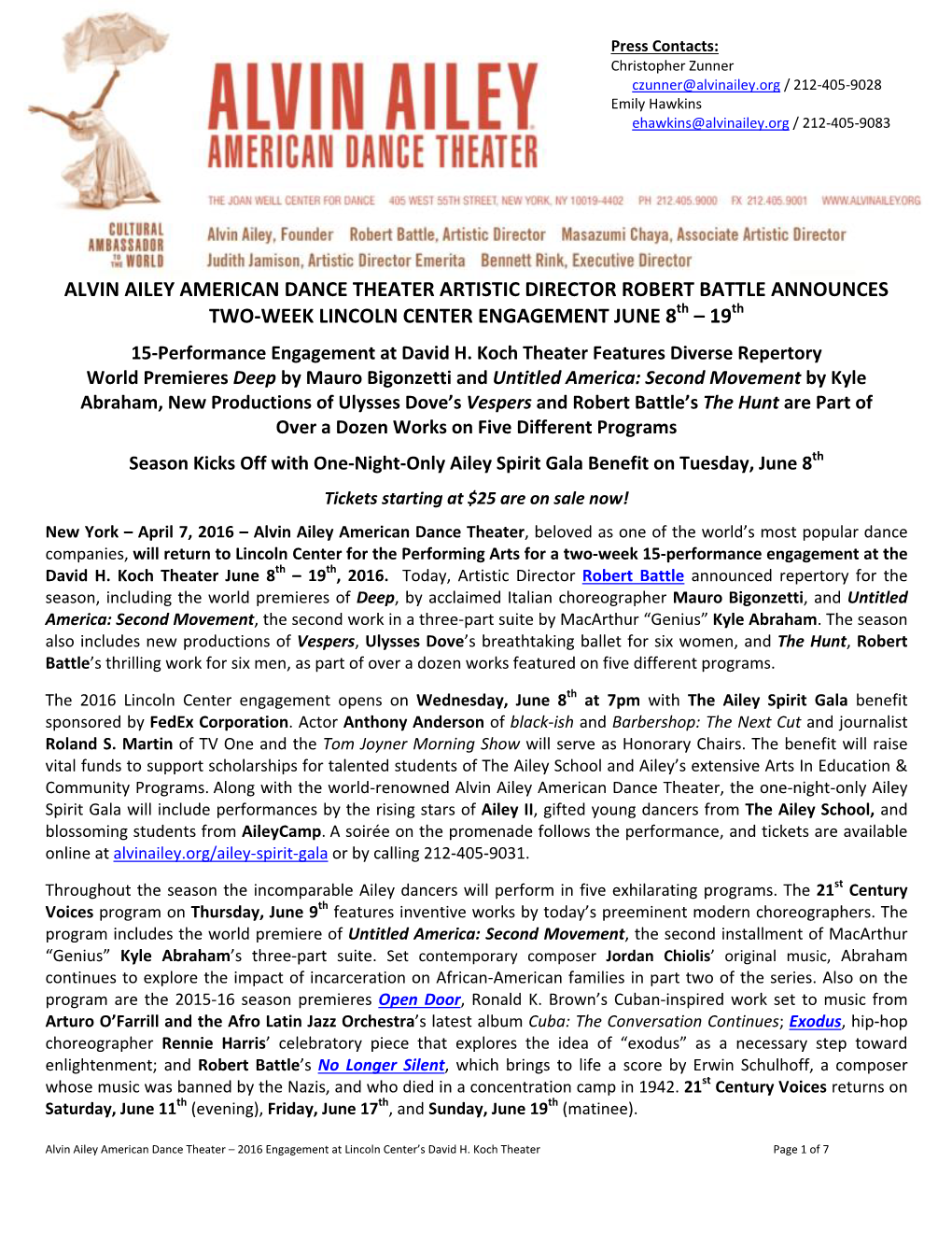 ALVIN AILEY AMERICAN DANCE THEATER ARTISTIC DIRECTOR ROBERT BATTLE ANNOUNCES TWO-WEEK LINCOLN CENTER ENGAGEMENT JUNE 8Th – 19Th