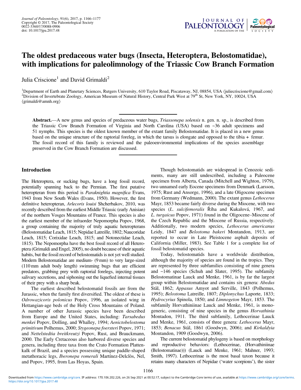 The Oldest Predaceous Water Bugs (Insecta, Heteroptera, Belostomatidae), with Implications for Paleolimnology of the Triassic Cow Branch Formation