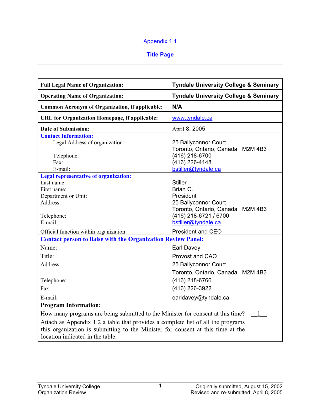 Tyndale University College Org Review Supplement Submitted–