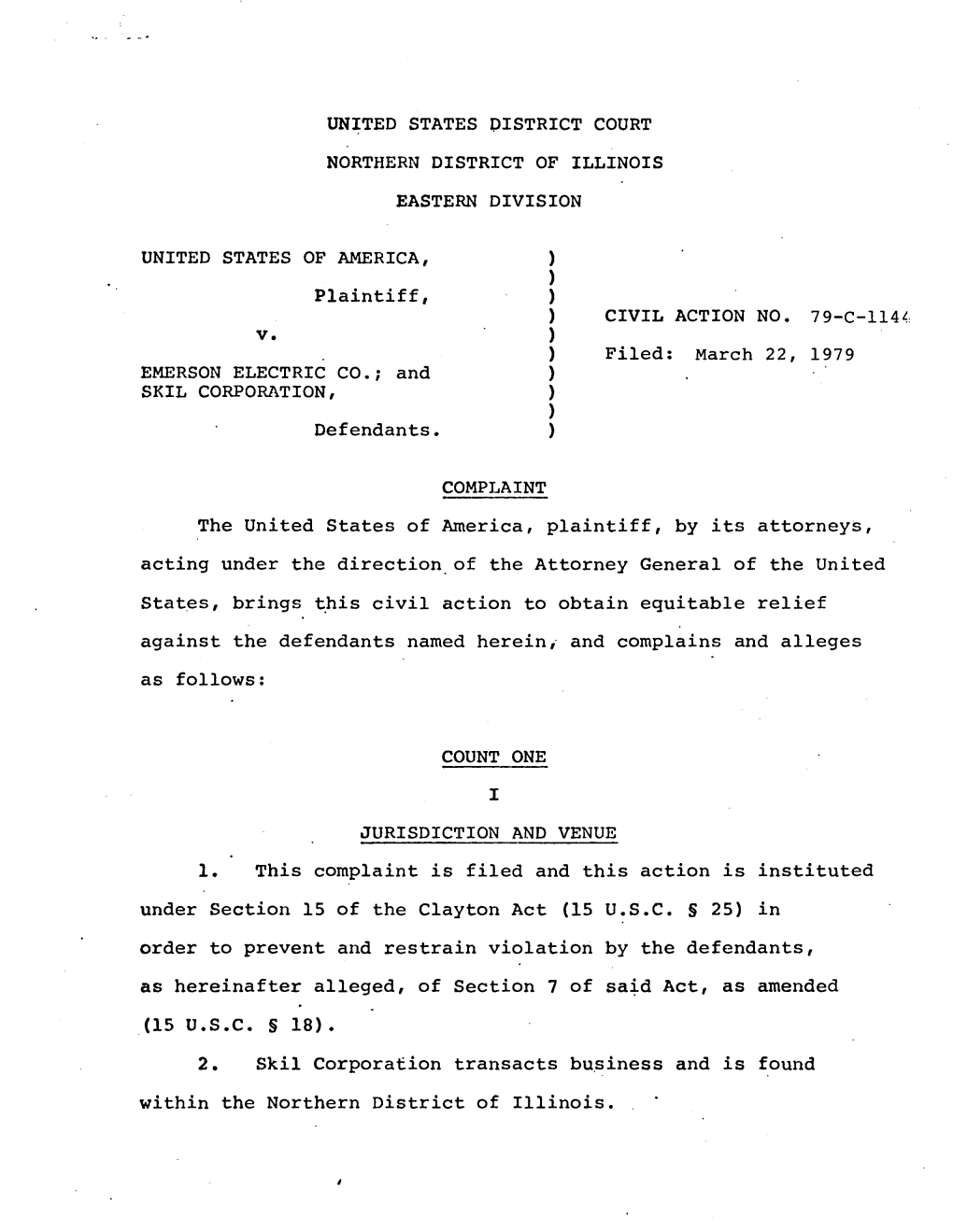 US V. Emerson Electric Co., and Skil Cororation