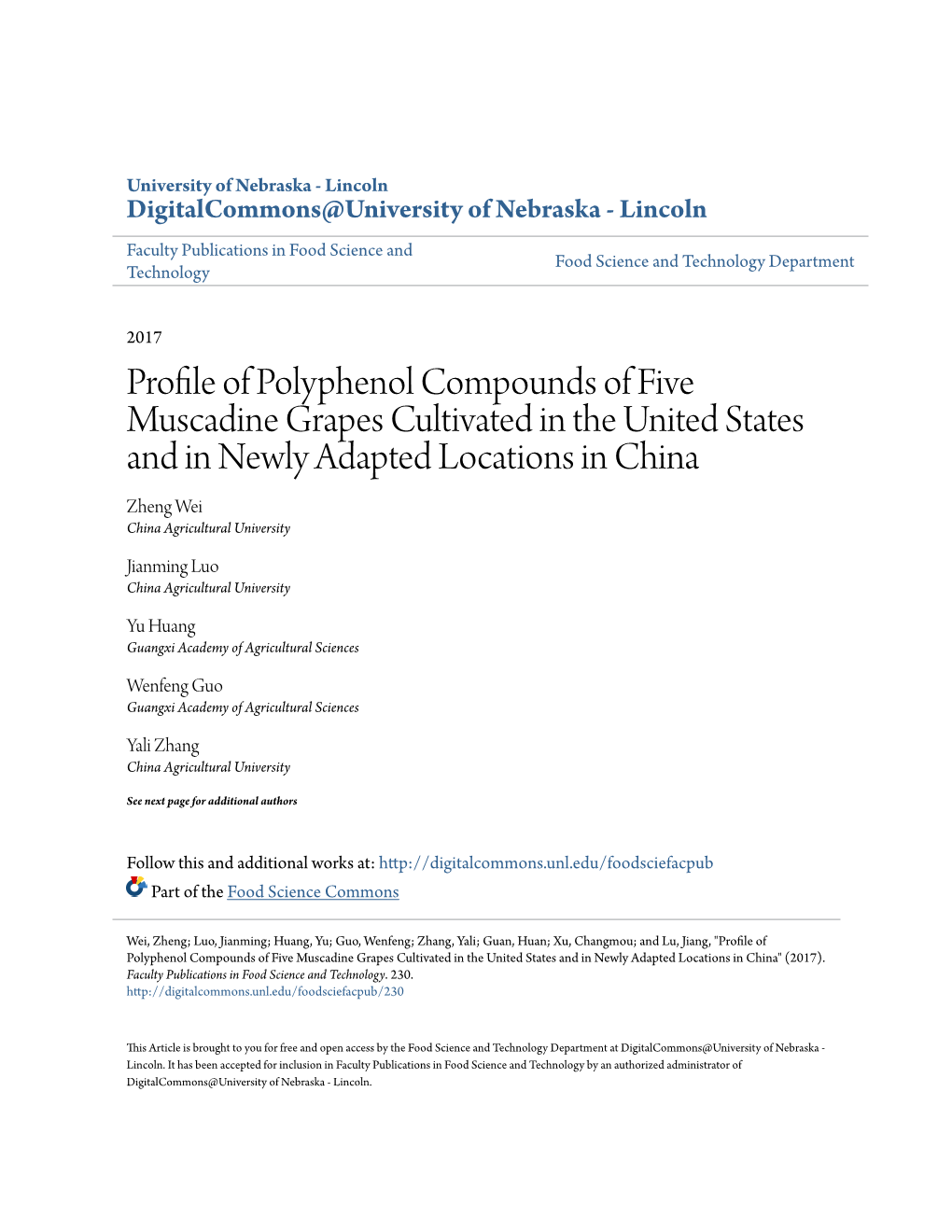 Profile of Polyphenol Compounds of Five Muscadine Grapes Cultivated