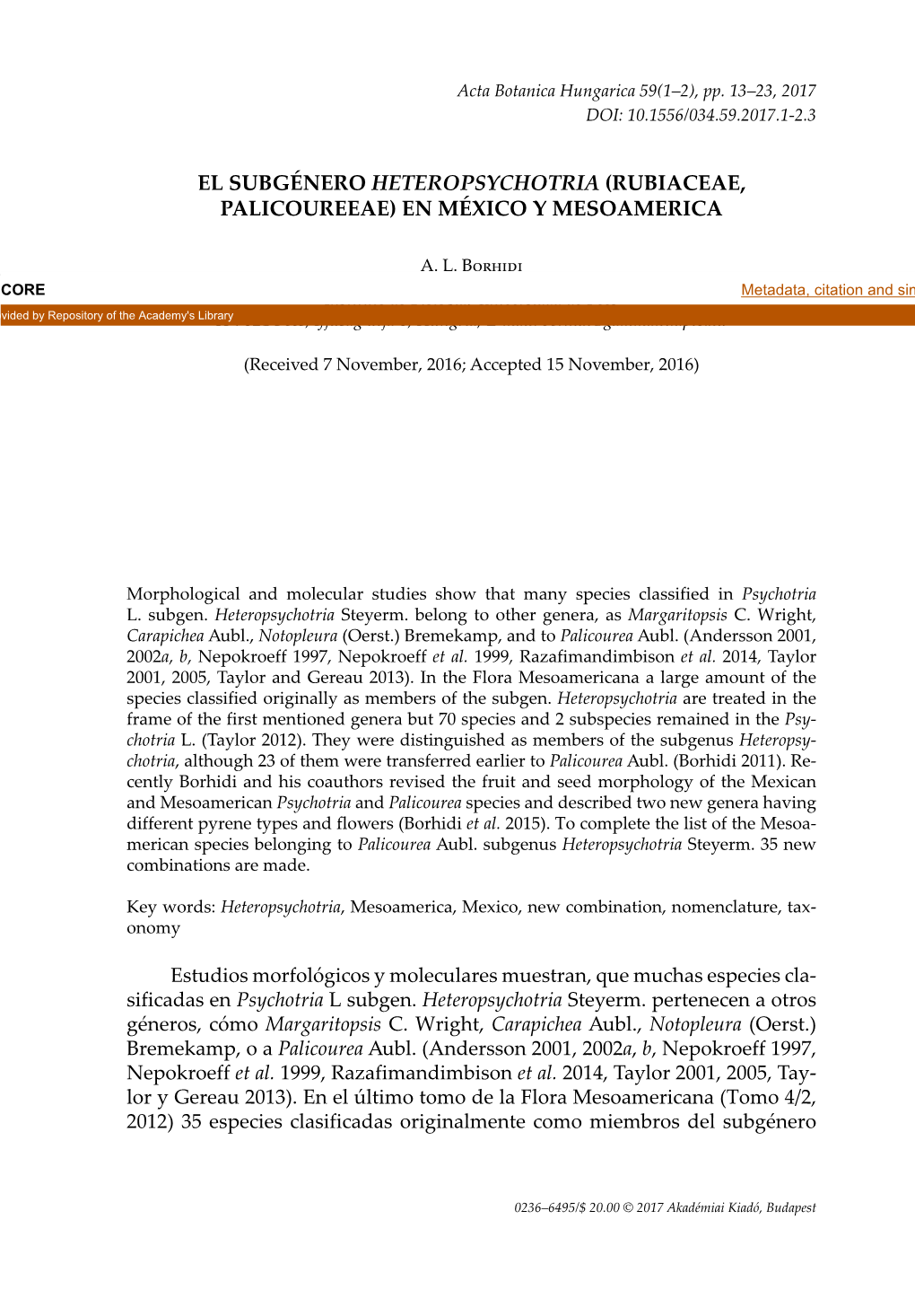 El Subgénero Heteropsychotria (Rubiaceae, Palicoureeae) En México Y Mesoamerica