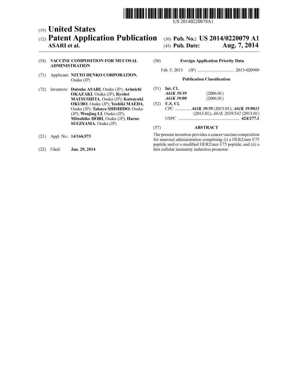 (12) Patent Application Publication (10) Pub. No.: US 2014/0220079 A1 ASAR Et Al