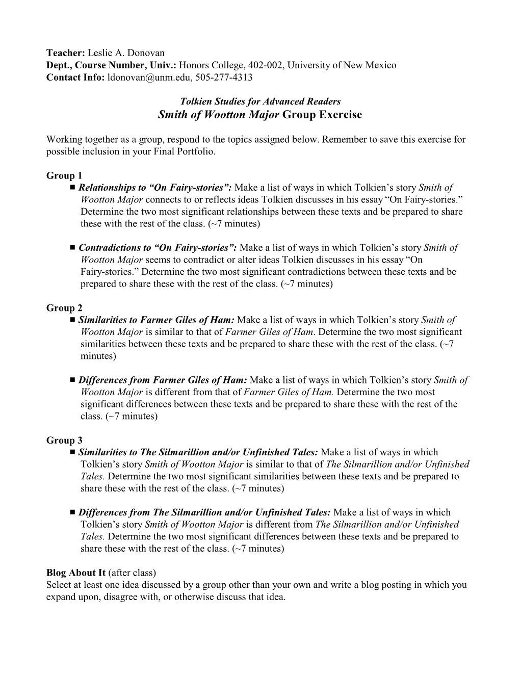 Smith of Wootton Major-Comparison Group Exercise