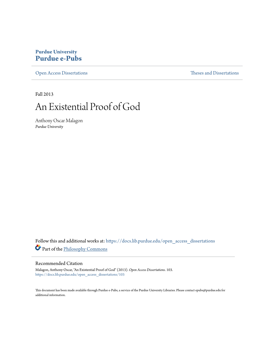 An Existential Proof of God Anthony Oscar Malagon Purdue University