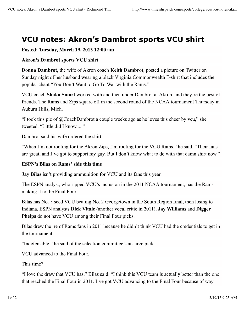 VCU Notes: Akron's Dambrot Sports VCU Shirt