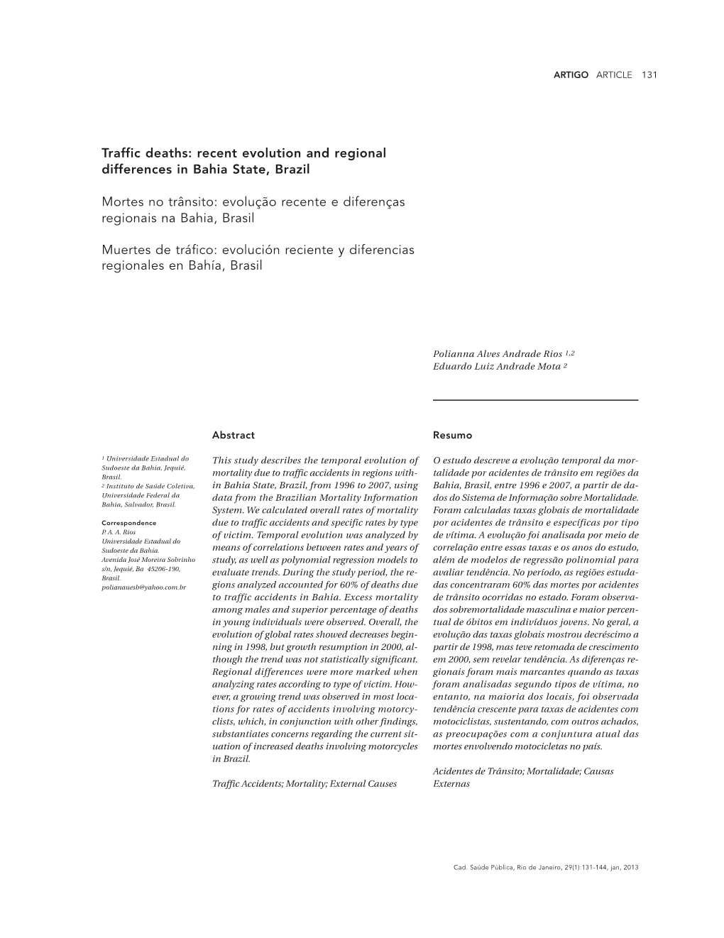 Traffic Deaths: Recent Evolution and Regional Differences in Bahia State, Brazil