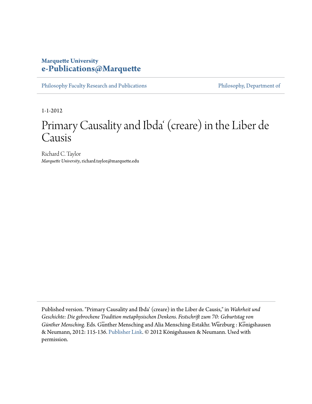 Primary Causality and Ibdaâ•Ÿ (Creare) in the Liber De Causis